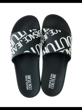 Nwt Versace Jeans Collection Black and White Logo Slide Sandals